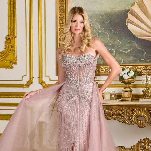 New Dusty Rose Strapless Tulle Gown w/ Beaded Boned Bodice & Leg Slit GL3668 - Picture 4 of 13